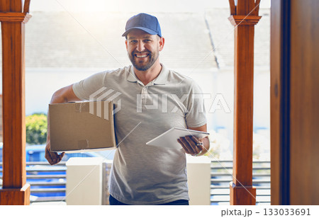 Happy delivery man, box and portrait with tablet for order, parcel or courier service at front door. Male person smiling with package, carrier or cargo for online purchase, deliver or transport Happy delivery man, box and portrait with tablet for order, parcel or courier service at front door. Male person smiling with package, carrier or cargo for online purchase, deliver or transport 133033691