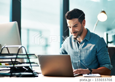 Business man, laptop and typing in office for planning strategy, online research and working at desk. Employee, computer and website connection for digital project, internet software or tech analysis Business man, laptop and typing in office for planning strategy, online research and working at desk. Employee, computer and website connection for digital project, internet software or tech analysis 133033708