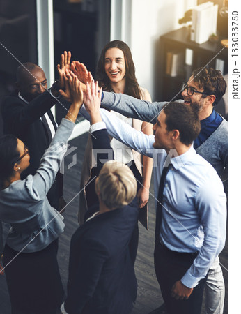 Teamwork, high five and support with business people in office for success, winner and motivation. Collaboration, diversity and community with group of employees for solidarity, target and goals Teamwork, high five and support with business people in office for success, winner and motivation. Collaboration, diversity and community with group of employees for solidarity, target and goals 133033780