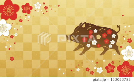 金の市松模様に梅の花を散らしたイノシシの年賀背景(干支・お正月・縁起) 金の市松模様に梅の花を散らしたイノシシの年賀背景(干支・お正月・縁起) 133033785