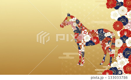 金のグラデーション背景に花柄の馬を描いた華やかな干支デザイン(お正月・年賀) 金のグラデーション背景に花柄の馬を描いた華やかな干支デザイン(お正月・年賀) 133033786
