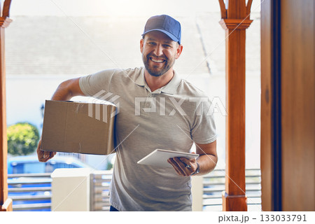 Happy delivery man, box and portrait with tablet for order, parcel or courier service at front door. Male person smiling with package, carrier or cargo for online purchase, transport and supply chain 133033791