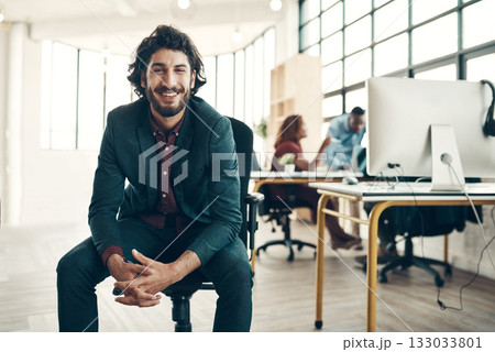 Portrait, creative agency and smile, man in chair at office, new ideas for business and entrepreneur in tech design. Happy boss with creativity, idea and happiness, businessman with plan in workspace 133033801