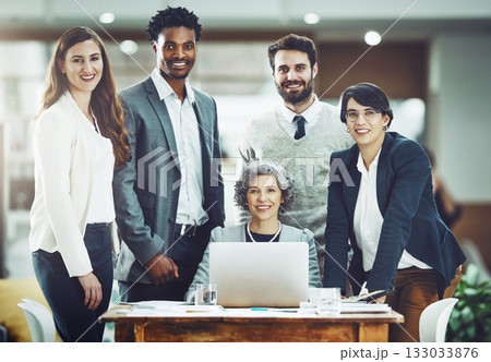 Smile, teamwork or portrait of business people in meeting for ideas, strategy or planning a startup company. CEO, laptop or happy workers smiling with leadership or group support for growth in office Smile, teamwork or portrait of business people in meeting for ideas, strategy or planning a startup company. CEO, laptop or happy workers smiling with leadership or group support for growth in office 133033876