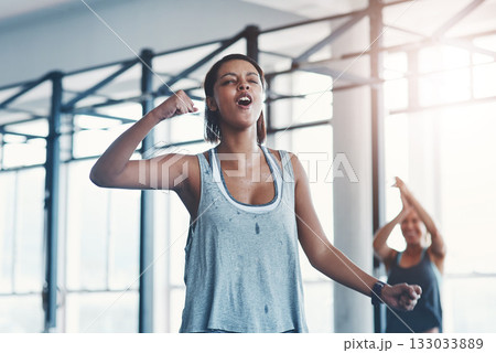 Fitness, celebration or woman with progress, training or happiness for challenge, achievement or workout goal. Female person, athlete or girl cheering, winning or performance with a healthy lifestyle Fitness, celebration or woman with progress, training or happiness for challenge, achievement or workout goal. Female person, athlete or girl cheering, winning or performance with a healthy lifestyle 133033889