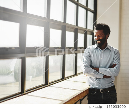 Window, flare and a business man arms crossed in the office with a smile or mindset of future success. Happy, vision and corporate with a male employee standing in the workplace during his break Window, flare and a business man arms crossed in the office with a smile or mindset of future success. Happy, vision and corporate with a male employee standing in the workplace during his break 133033900