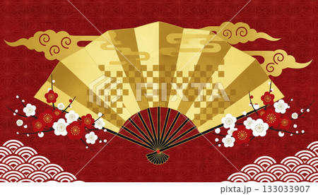 赤の麻の葉文様に金扇子と梅の花をあしらった豪華な和風お正月背景（年賀・新年） 133033907