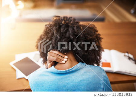 Back, business and black woman with neck pain, fatigue and stretching with burnout, stress and overworked. Female person, employee or agent with spine injury, accident and emergency with health issue 133033932