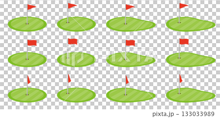 一組各種形狀的高爾夫球場果嶺和旗幟圖示的向量插圖 133033989