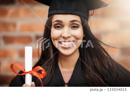 College student, graduation and portrait of a woman with a diploma and smile outdoor. Face of excited female person with university achievement, education success and future at school graduate event College student, graduation and portrait of a woman with a diploma and smile outdoor. Face of excited female person with university achievement, education success and future at school graduate event 133034015