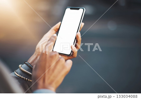 Woman, hands and phone mockup screen in city for communication, social media or texting outdoors. Hand of female on mobile smartphone display for networking, advertising or travel with mock up space Woman, hands and phone mockup screen in city for communication, social media or texting outdoors. Hand of female on mobile smartphone display for networking, advertising or travel with mock up space 133034088