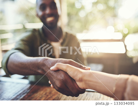 Shaking hands, people and coffee shop with remote work deal and thank you hand sign. Diversity, cafe and restaurant with business partnership with meeting greeting and handshake of freelancer 133034095