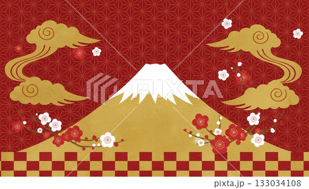 金色の富士山と梅の花の和風背景(お正月・縁起物・和柄デザイン) 金色の富士山と梅の花の和風背景(お正月・縁起物・和柄デザイン) 133034108