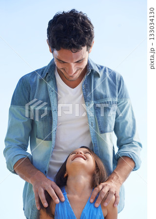 Blue sky, smile and bonding father, child or family happy for outdoor sunshine, happiness and spending quality time together. Love, eye contact and summer freedom of dad with young kid girl Blue sky, smile and bonding father, child or family happy for outdoor sunshine, happiness and spending quality time together. Love, eye contact and summer freedom of dad with young kid girl 133034130