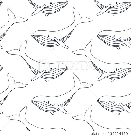 Humpback whale seamless pattern in line art style. Undersea animal background for summer beach design. Humpback whale seamless pattern in line art style. Undersea animal background for summer beach design. 133034150