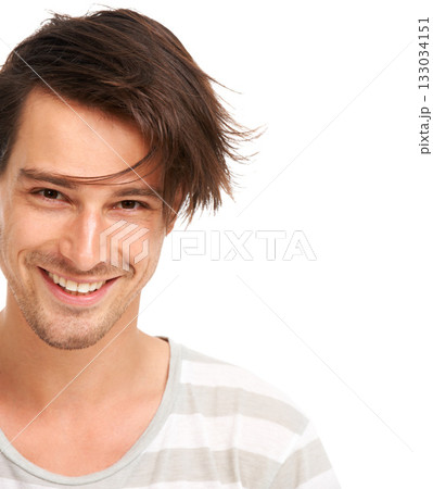 Mockup, smile and portrait of man in studio for casual, trendy and cool fashion. Happiness, edgy and confidant with face of male model isolated on white background for geek, youth and positive style 133034151