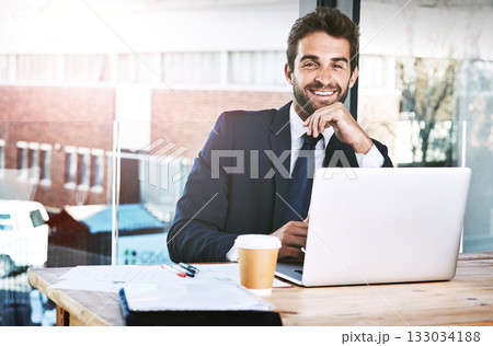 Laptop, portrait and business man in office, happy planning, online research or project management on web software. Smile, corporate and face of professional person working, startup job and computer 133034188