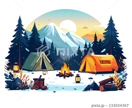 キャンプでの焚き火と山の見える冬のキャンプイラスト 133034307