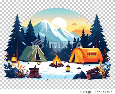 キャンプでの焚き火と山の見える冬のキャンプイラスト 133034307