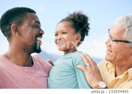 Grandfather, dad and child on beach holiday in South Africa with love, happiness and freedom together. Travel, happy black family and generations, smile and bonding on summer vacation for men and kid Grandfather, dad and child on beach holiday in South Africa with love, happiness and freedom together. Travel, happy black family and generations, smile and bonding on summer vacation for men and kid 133034405