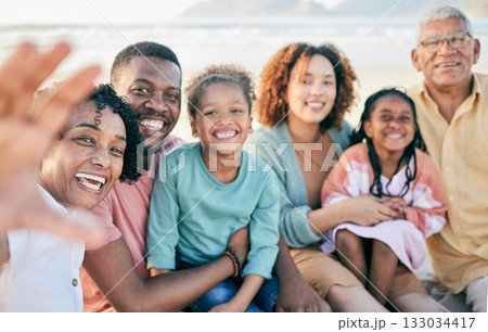 Family, selfie and travel, generations in portrait with happiness outdoor on beach, memory and together with love. Grandparents, parents and children, happy people with smile in picture and holiday Family, selfie and travel, generations in portrait with happiness outdoor on beach, memory and together with love. Grandparents, parents and children, happy people with smile in picture and holiday 133034417