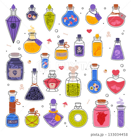 Potion Bottle and Glass Flask with Cork Vector Set Potion Bottle and Glass Flask with Cork Vector Set 133034458