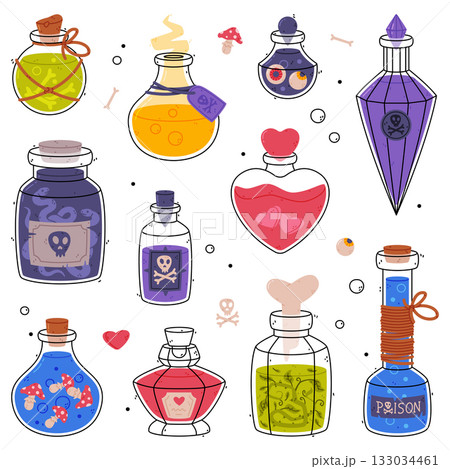 Potion Bottle and Glass Flask with Cork Vector Set Potion Bottle and Glass Flask with Cork Vector Set 133034461