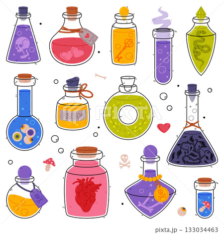 Potion Bottle and Glass Flask with Cork Vector Set Potion Bottle and Glass Flask with Cork Vector Set 133034463