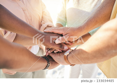 Group of people hands stacked outdoor for teamwork, community support and collaboration in prayer or faith. Circle of friends closeup with hand together sign for solidarity, praying and team building Group of people hands stacked outdoor for teamwork, community support and collaboration in prayer or faith. Circle of friends closeup with hand together sign for solidarity, praying and team building 133034485