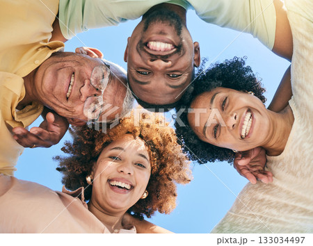 Circle, senior parents and portrait of family with smile, hugging and embrace in huddle in below view. Blue sky, summer and happy adult children with mother and father for support, bonding and trust 133034497
