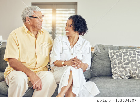Love, talking and senior couple on couch, quality time and happiness on break, affection and retirement. Romance, old man and mature woman on sofa, romance and conversation in living room and joyful Love, talking and senior couple on couch, quality time and happiness on break, affection and retirement. Romance, old man and mature woman on sofa, romance and conversation in living room and joyful 133034587