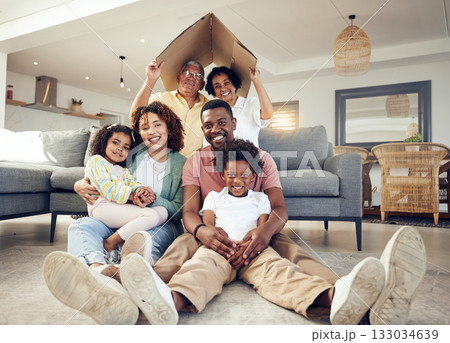 Family, generations and security, love and insurance for protection, grandparents and parents with kids. Portrait, happy people together in living room with unity and safety for life and home cover Family, generations and security, love and insurance for protection, grandparents and parents with kids. Portrait, happy people together in living room with unity and safety for life and home cover 133034639