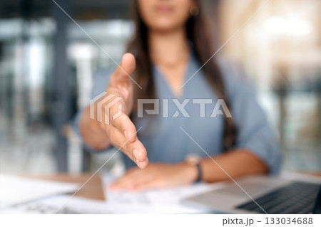 Business woman offer handshake for hello, networking and meeting for HR hiring deal. Closeup, employment and stretching for shaking hands, recruitment and welcome for consulting, trust and onboarding 133034688