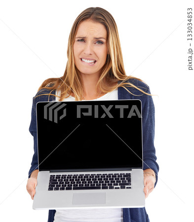 Computer screen, stress and woman portrait isolated on a white background, website choice, confused or online mistake. Person with laptop mockup and doubt, fear or worried for app results in studio Computer screen, stress and woman portrait isolated on a white background, website choice, confused or online mistake. Person with laptop mockup and doubt, fear or worried for app results in studio 133034853