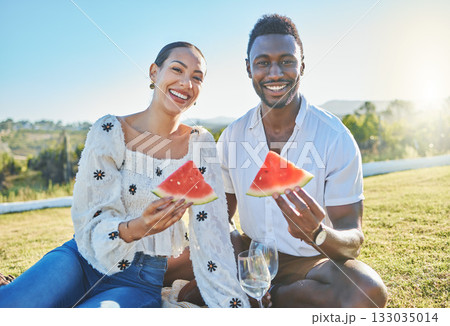 Couple, black people and picnic portrait with watermelon, champagne or nature for bonding, love or romance. Young happy couple, black woman and man with fruit, summer sunshine or happy in countryside Couple, black people and picnic portrait with watermelon, champagne or nature for bonding, love or romance. Young happy couple, black woman and man with fruit, summer sunshine or happy in countryside 133035014