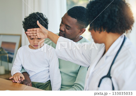 Pediatrician, woman doctor and sick child with father in a hospital and clinic checking fever. Illness, kid and dad supporting a boy feeling virus and flu with a healthcare and wellness worker 133035033