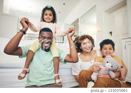 Black family, portrait and living room sofa of a mother, father and children with happiness. Happy, smile and bonding of a mom, dad and young kids together having fun with parent love and support 133035061