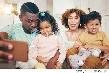Love, silly and selfie of happy black family bonding, relax or enjoy quality time together on Jamaica holiday. Youth children, parents and memory photo of crazy kids, mother and father on vacation 133035063