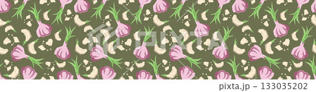 Garlic Seamless Pattern in Mid-Century Modern Retro Style with Bold Geometric Food Design Garlic Seamless Pattern in Mid-Century Modern Retro Style with Bold Geometric Food Design 133035202