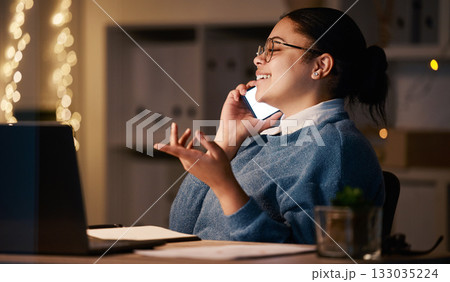 Business woman, phone call and talking in office at night, chatting or speaking to contact. Bokeh, overtime and happy female employee with mobile smartphone for conversation, networking or discussion Business woman, phone call and talking in office at night, chatting or speaking to contact. Bokeh, overtime and happy female employee with mobile smartphone for conversation, networking or discussion 133035224