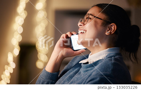 Phone call, business woman and laughing in office at night, chatting or speaking to contact. Thinking, bokeh overtime and happy female employee with mobile for funny conversation or comic discussion. 133035226
