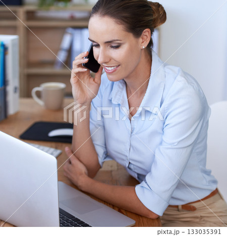 Phone call, business woman and laptop in office for planning, consulting and communication. Happy female worker talking on cellphone at computer for networking, administration and online management 133035391