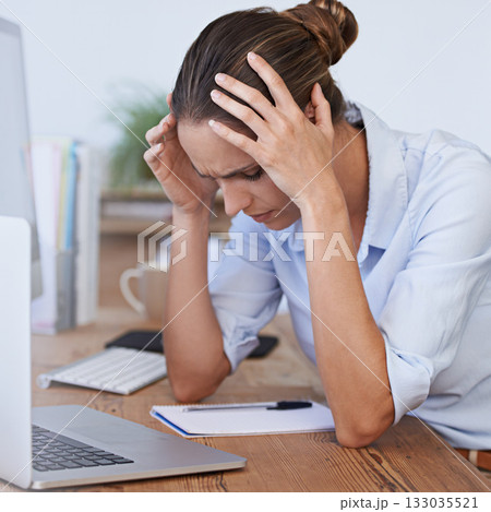 Headache, stress and confused woman in office with anxiety, tax crisis and laptop problem. Tired, burnout and frustrated female employee depressed with fatigue, pain and worried for business mistake 133035521