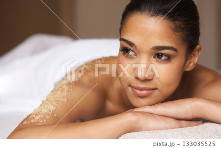 Woman thinking, body scrub or massage in spa to relax for zen healing or wellness physical therapy. Thoughtful face of calm girl dreaming of salon to exfoliate for luxury skincare treatment or beauty 133035525