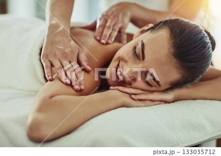Smile, beauty and massage with woman in spa for wellness, luxury and relax treatment. Skincare, peace and zen with female customer and hands of therapist for physical therapy, salon and detox Smile, beauty and massage with woman in spa for wellness, luxury and relax treatment. Skincare, peace and zen with female customer and hands of therapist for physical therapy, salon and detox 133035712