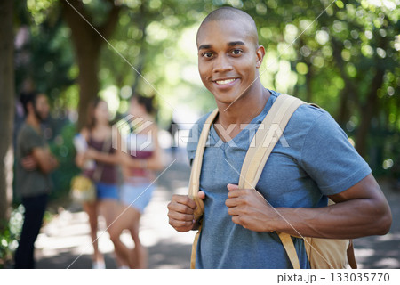 Man, student park and portrait with backpack by a campus nature with smile and ready for study. Happiness, young and African male face in college and university outdoor with education and school bag Man, student park and portrait with backpack by a campus nature with smile and ready for study. Happiness, young and African male face in college and university outdoor with education and school bag 133035770