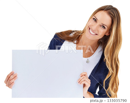 Happy woman, paper mockup and portrait isolated on white background for business presentation or poster space. Face of person with board, empty design or sign for announcement, news or studio mock up Happy woman, paper mockup and portrait isolated on white background for business presentation or poster space. Face of person with board, empty design or sign for announcement, news or studio mock up 133035790