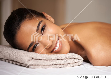 Portrait of girl, smile or massage to relax for zen resting or wellness physical therapy in spa hotel. Face of happy woman in salon to exfoliate for body healing treatment or holistic detox therapy Portrait of girl, smile or massage to relax for zen resting or wellness physical therapy in spa hotel. Face of happy woman in salon to exfoliate for body healing treatment or holistic detox therapy 133035916
