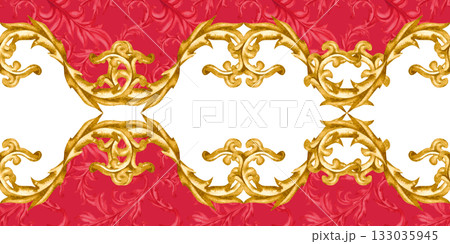 Golden vintage vignettes on a seamless pattern on a white and red background. Watercolor border for Christmas and wedding decor, invitations, greeting cards, tablecloths, table runners, home decor Golden vintage vignettes on a seamless pattern on a white and red background. Watercolor border for Christmas and wedding decor, invitations, greeting cards, tablecloths, table runners, home decor 133035945