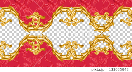 Golden vintage vignettes on a seamless pattern on a white and red background. Watercolor border for Christmas and wedding decor, invitations, greeting cards, tablecloths, table runners, home decor Golden vintage vignettes on a seamless pattern on a white and red background. Watercolor border for Christmas and wedding decor, invitations, greeting cards, tablecloths, table runners, home decor 133035945